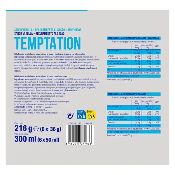 Helado mini bombón sin azúcar clásico y almendrado Dia Temptation 6 x 36 g 4