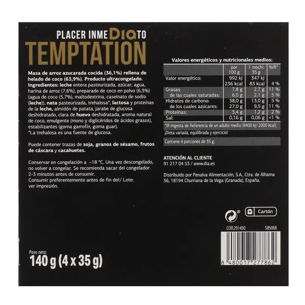 Helado mochi de coco 4 unidades Temptation de Dia caja 140 g 3