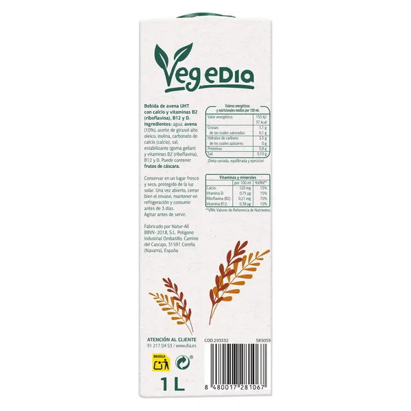 Bebida de avena 0% azúcares Vegedia brik 1 l 5