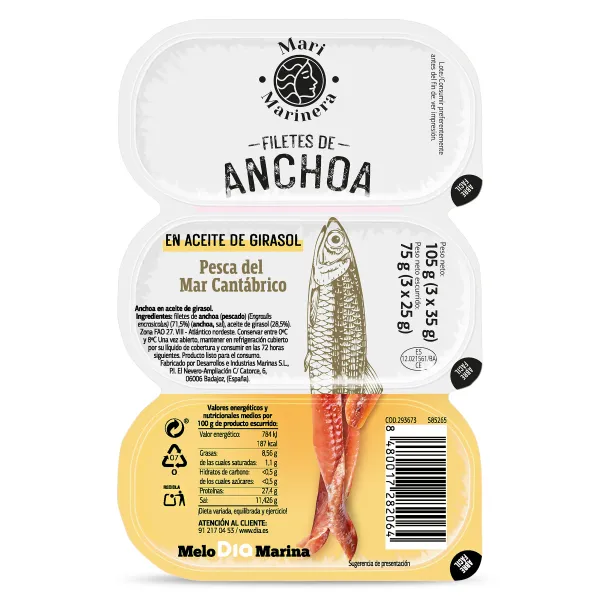 Filetes de anchoa en aceite de girasol Mari Marinera de Dia pack 3 x 25 g