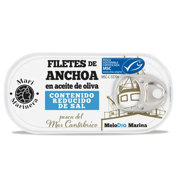 Filetes de anchoa del Cantábrico MSC en aceite de oliva reducido sal Dia Mari Marinera lata 29 g 2