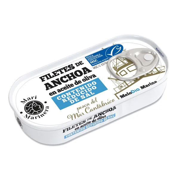 Filetes de anchoa del Cantábrico MSC en aceite de oliva reducido sal Dia Mari Marinera lata 29 g 3