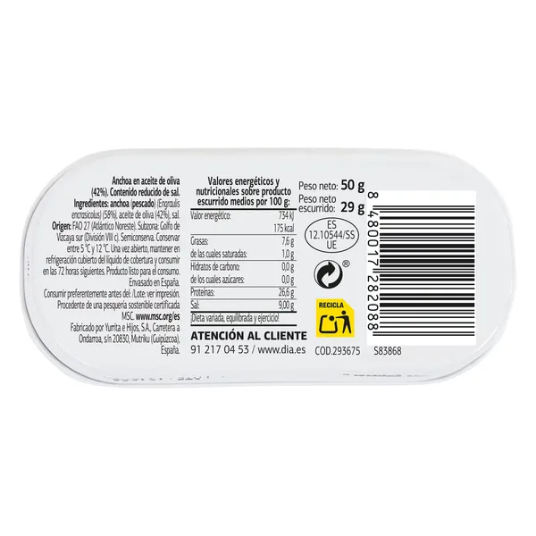 Filetes de anchoa del Cantábrico MSC en aceite de oliva reducido sal Dia Mari Marinera lata 29 g 4