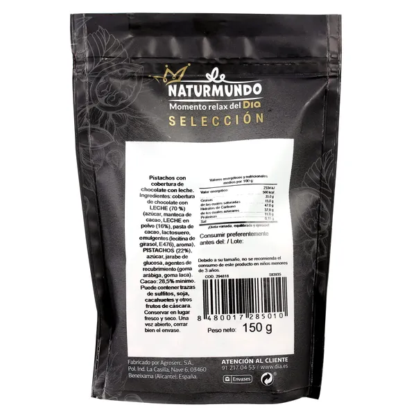 Pistachos recubiertos de chocolate con leche Dia Naturmundo 150 g 2