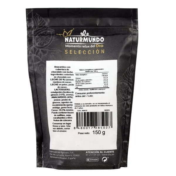 Anacardos recubiertos con chocolate con leche Naturmundo de Dia bolsa 150 g 2