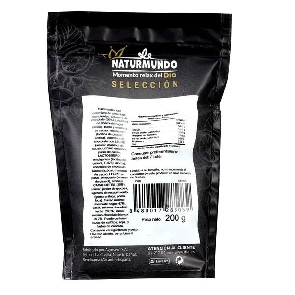 Cacahuetes recubiertos de 3 chocolates Dia Naturmundo bolsa 200 g 2