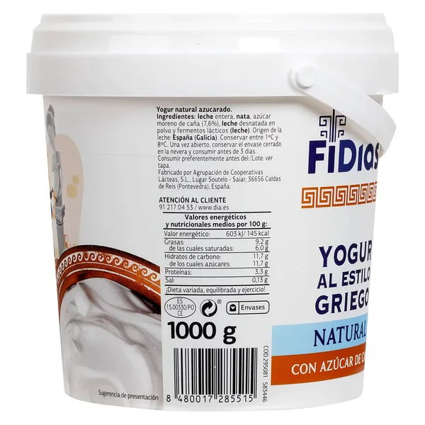 Yogur estilo griego natural con azúcar de caña Fidias de Dia tarrina 1 kg 3