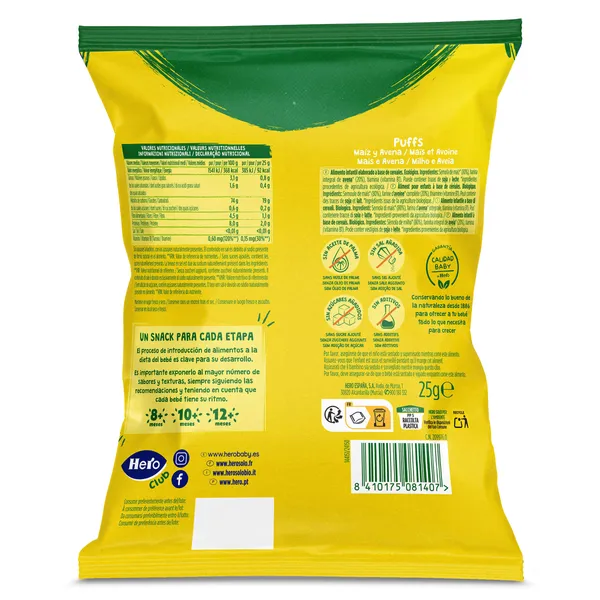 Snack de maíz y avena ecológico puffs Hero bolsa 25 g 2