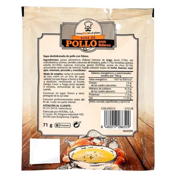 Sopa de pollo con fideos Dia Al Punto 71 g 3