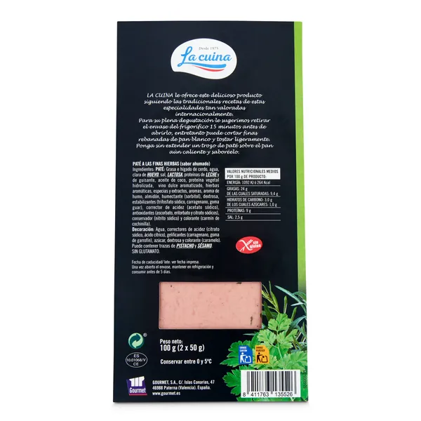 Paté de cerdo a las finas hierbas 2 unidades La cuina blister 100 g 2