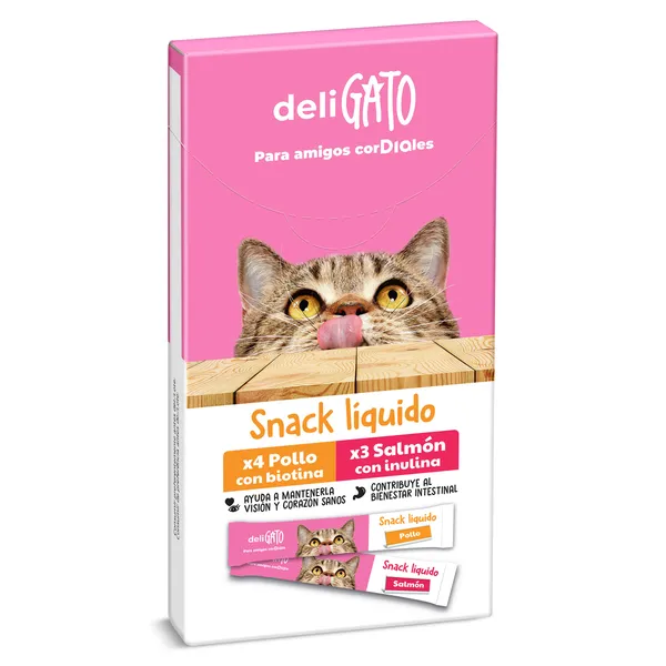 Snack para gatos líquido de pollo y salmón Dia Deligato 105 g 3
