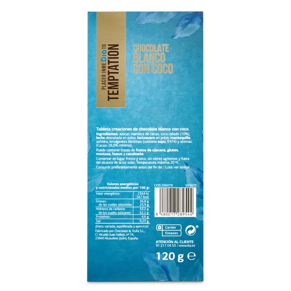 Chocolate leche con coco y galleta Temptation de Dia 120 g 2