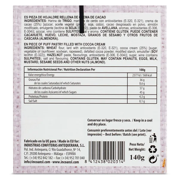 Hojaldrada rellena de crema de cacao La flor de Antequera caja 140 g 3