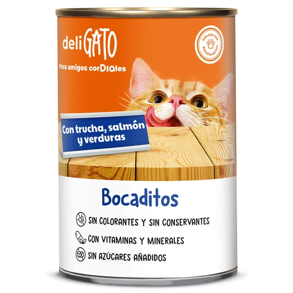 Alimento para gatos bocaditos con trucha, salmón y verduras Dia Deligato 400 g 2