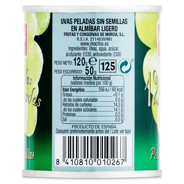 Uvas peladas y sin semillas en almíbar Mocitos lata 50 g 2