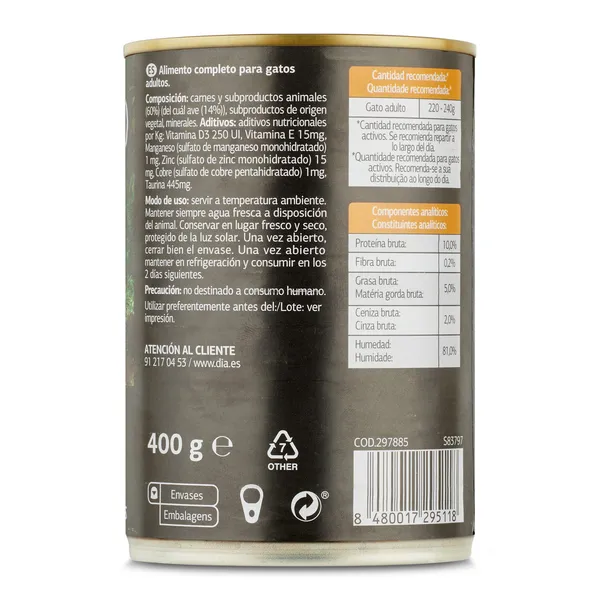 Alimento para gatos paté con pollo  Deligato de Dia lata 400 g 3