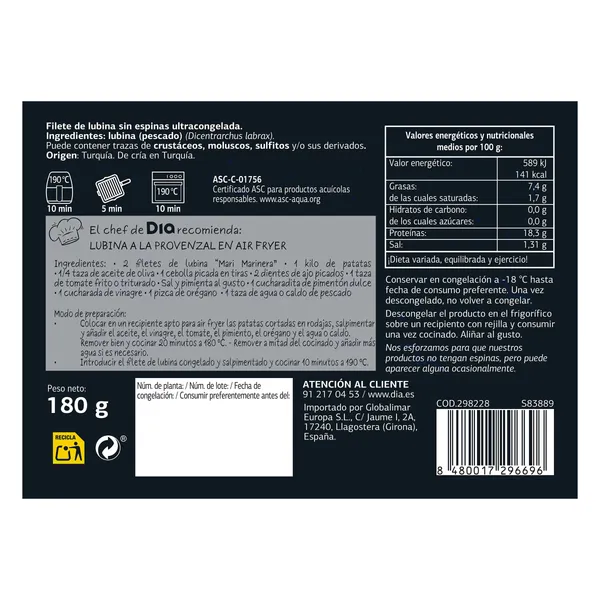 Lubina ASC Dia Mari Marinera 180 g 2