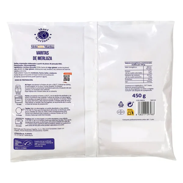 Varitas de merluza MSC Dia Mari Marinera bolsa 450 g 2