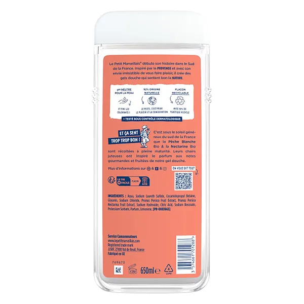 Gel de ducha melocotón blanco y nectarina Le petit marseillais botella 650 ml 2