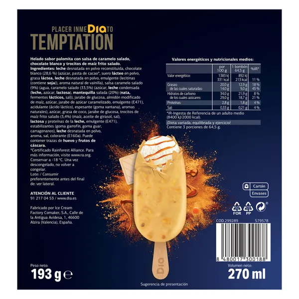 Helado bombón palomitas 3 unidades Dia Temptation 195 g 4