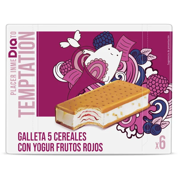 Helado sandwich yogur con frutos rojos 6 unidades Temptation de Dia caja 342 g 2