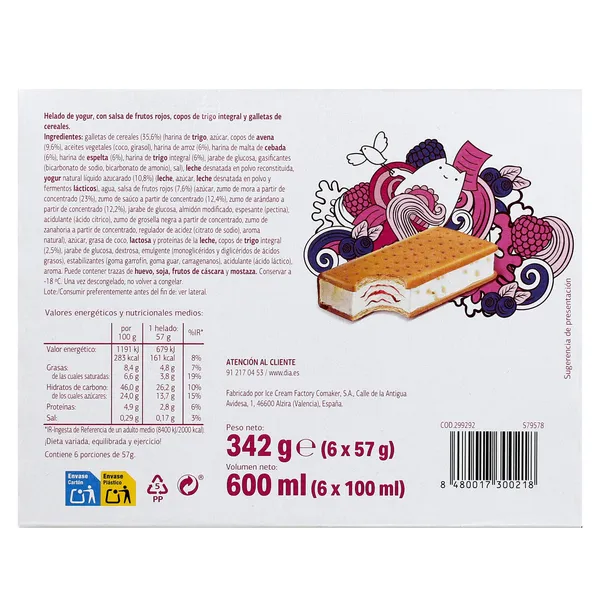 Helado sandwich yogur con frutos rojos 6 unidades Temptation de Dia caja 342 g 3
