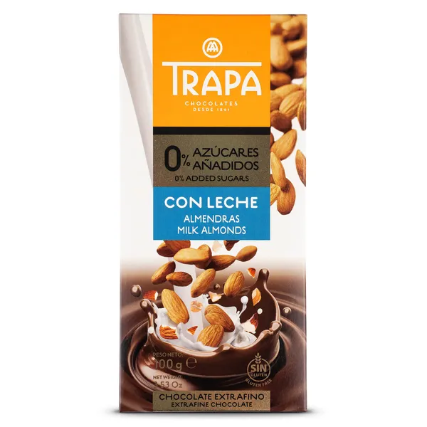 Chocolate con leche y almendras 0% azúcares añadidos Trapa 100 g 2