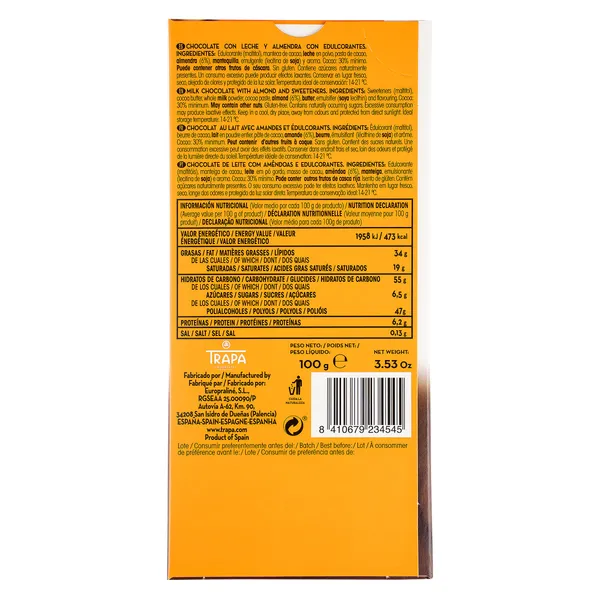 Chocolate con leche y almendras 0% azúcares añadidos Trapa 100 g 3