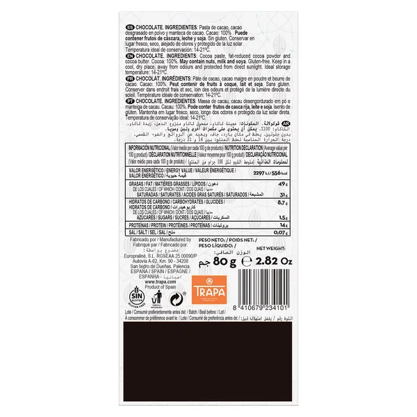 Chocolate negro 100% cacao Trapa 80 g 2