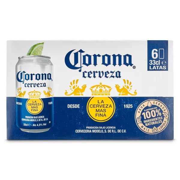 Cerveza rubia mexicana Corona lata 6 x 33 cl 2