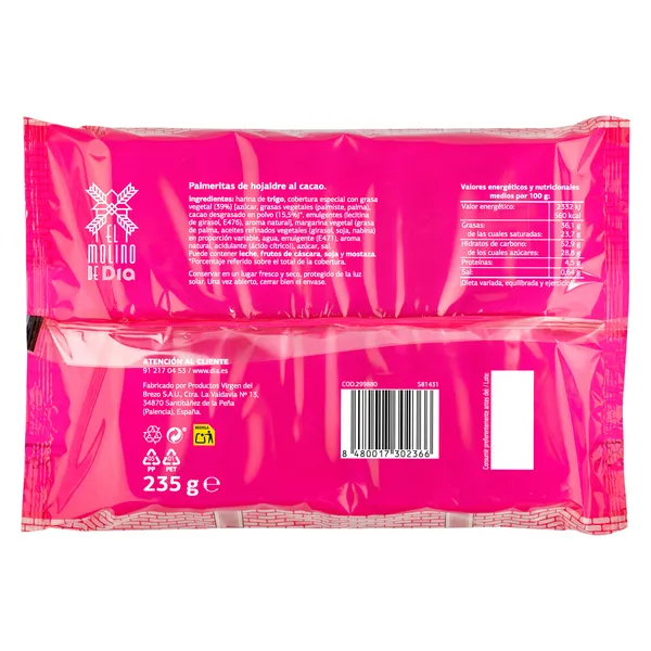 Palmeritas de cacao El molino de Dia bolsa 230 g 2