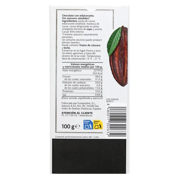Chocolate negro 85% cacao sin azúcares añadidos Dia Temptation 100 g 4