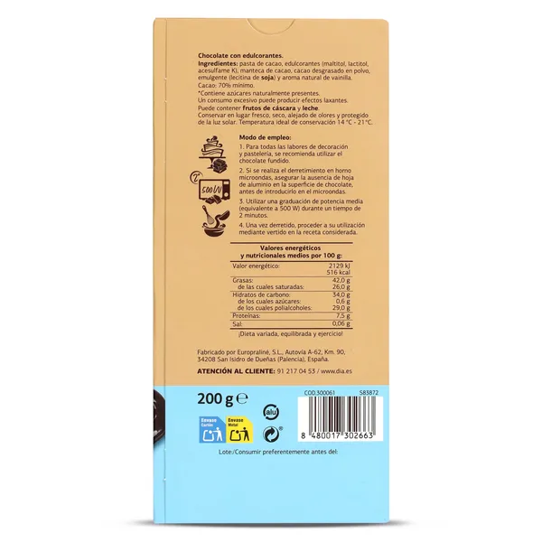 Chocolate negro para postres sin azúcares añadidos Dia Temptation 200 g 4