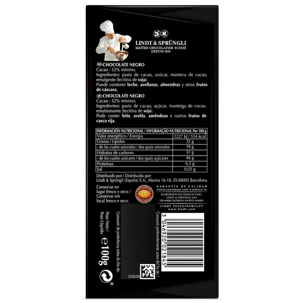 Chocolate negro 52% cacao Lindt 100 g 2