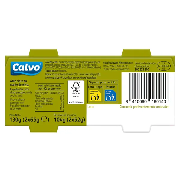 Atún claro en aceite de oliva Calvo pack 2 x 52 g 2