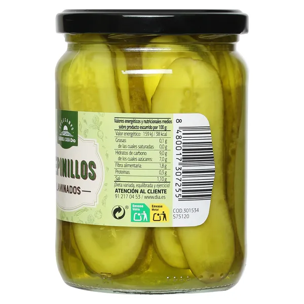 Pepinillos laminados Vegecampo de Dia frasco 290 g 2