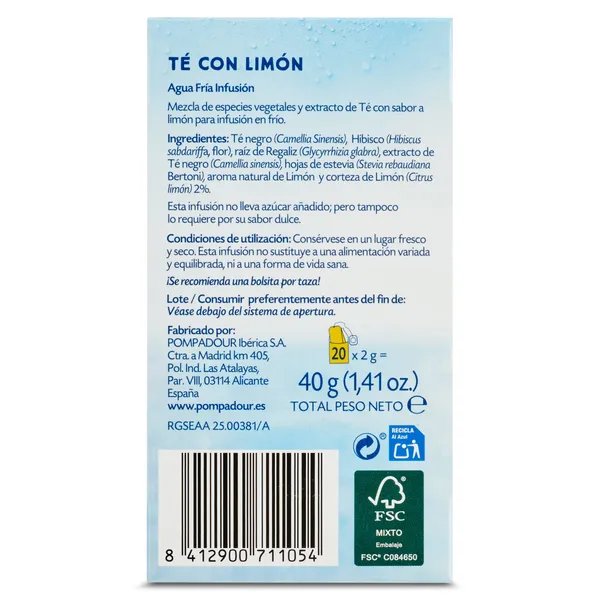 Té negro con limón agua fría Pompadour caja 20 unidades 3