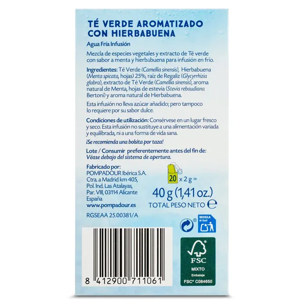 Té verde con hierbabuena agua fría Pompadour caja 20 unidades 3