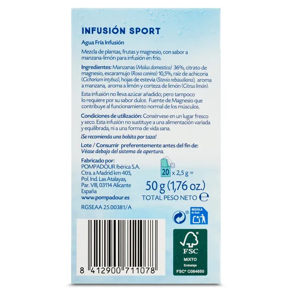 Infusión sport con magnesio agua fría Pompadour caja 20 unidades 3