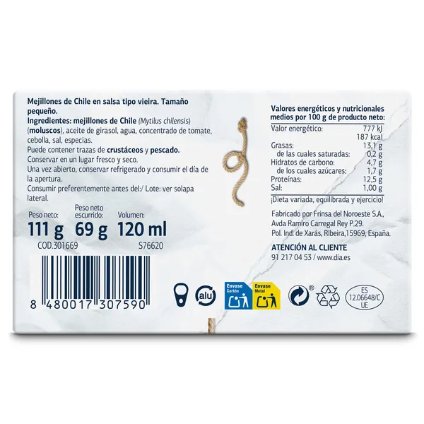 Mejillones de Chile en salsa vieira 13/18 piezas Mari Marinera de Dia lata 69 g 3