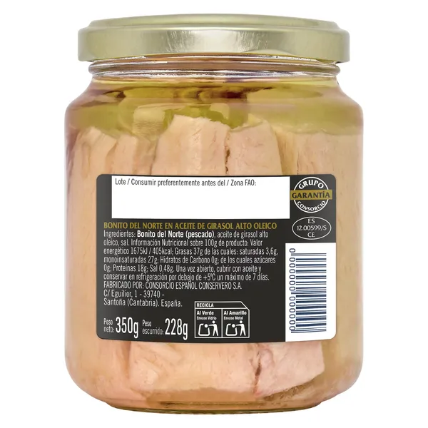 Bonito del Norte en aceite de girasol alto oleico Realmar frasco 228 g 2