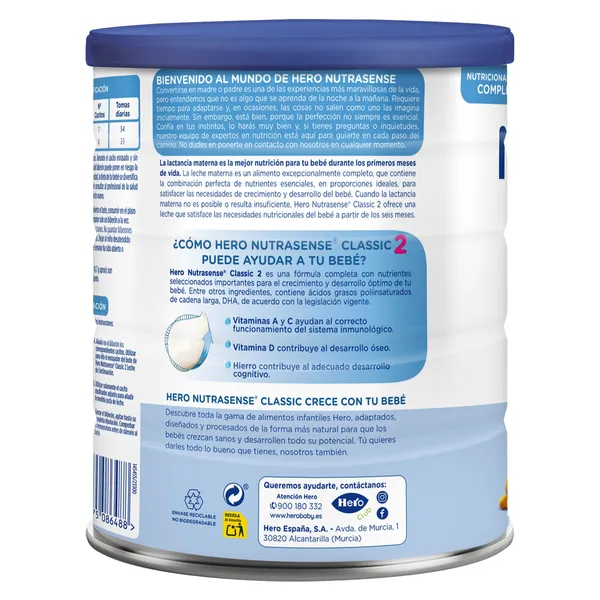 Leche infantil 2 classic Hero Baby Nutrasense 800 g 3