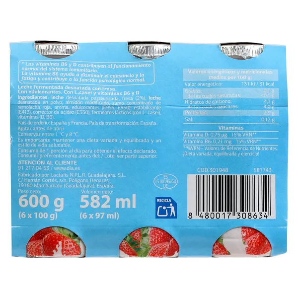 Bebida desnatada de fresa L-Casei Dia pack 6 x 100 g 4