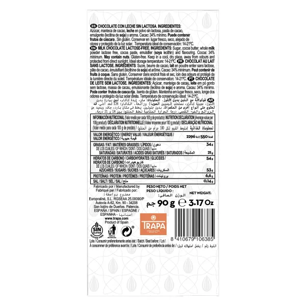 Chocolate con leche sin lactosa Trapa 90 g 4