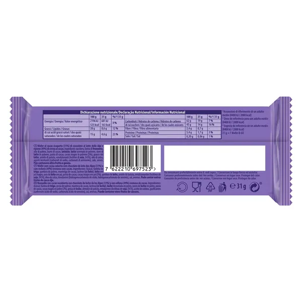 Barrita de barquillo relleno de chocolate Milka Wafer&Go bolsa 31 g 2