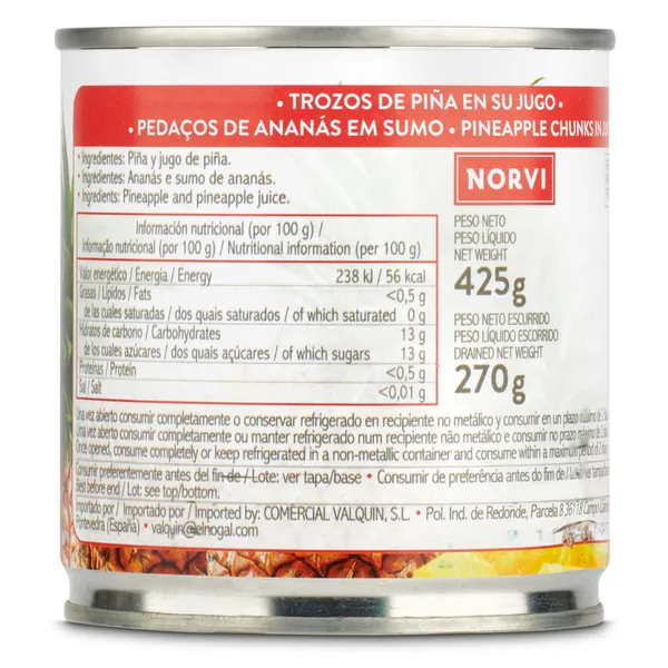 Piña en su jugo en trozos Norvi lata 270 g 2