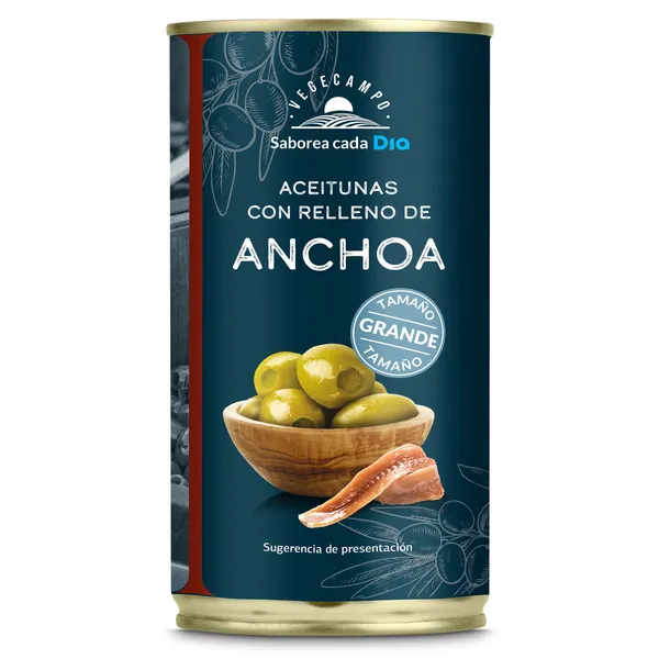 Aceitunas rellenas de anchoa grandes Dia Vegecampo lata 150 g