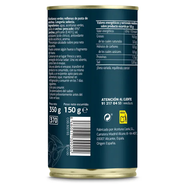 Aceitunas rellenas de anchoa grandes Dia Vegecampo lata 150 g 2