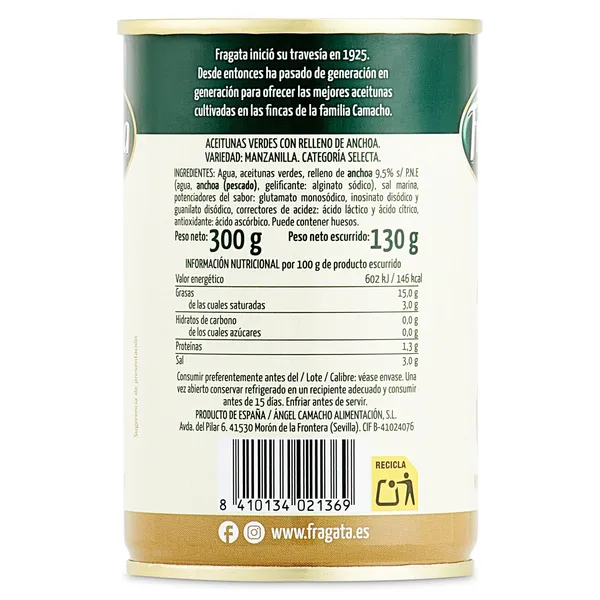 Aceitunas manzanilla rellena de anchoa Fragata 130 g 3