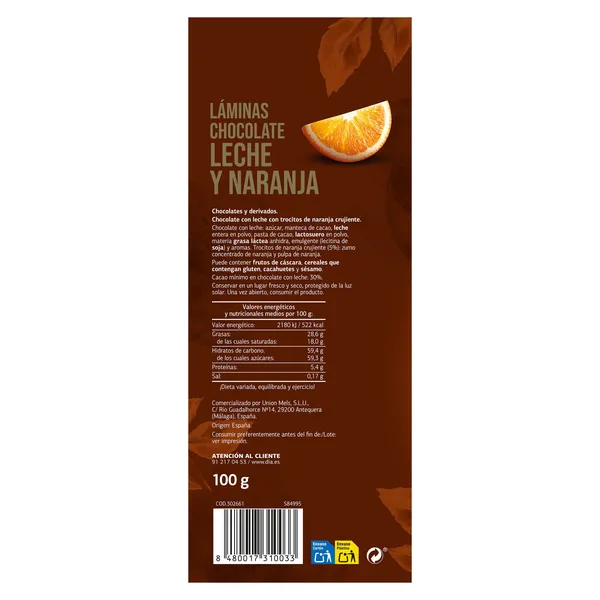 Láminas de chocolate con leche y naranja Temptation de Dia caja 100 g 3
